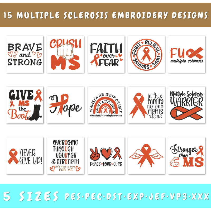 Multiple Sclerosis Embroidery Designs Bundle, MS Awareness Embroidery Files, Orange Ribbon Embroidery, Inspirational MS Quotes Embroidery/Applique DESIGNS HappyDesignStudio 