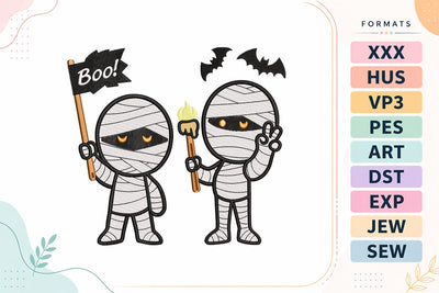 Mummy Duo with Boo Flag and Torch Halloween Embroidery Design Embroidery/Applique DESIGNS sg embroidery 