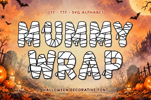 Mummy Wrap - Halloween Decorative Font (OTF, TTF & SVG Alphabet) Font AnningArts Design 