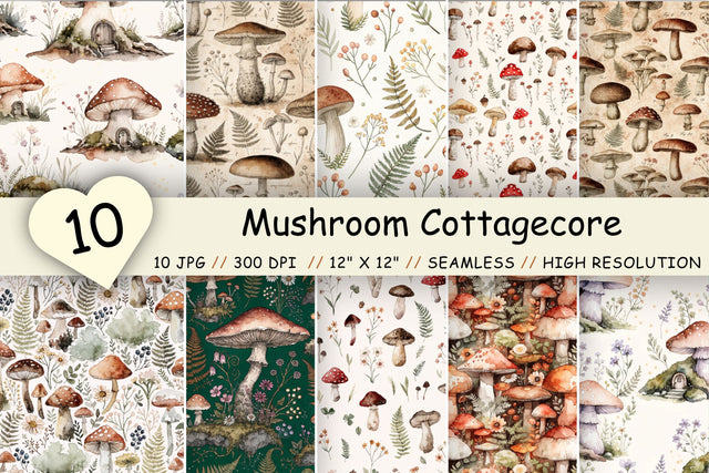 Mushroom Cottagecore Digital Paper Pack, Seamless Watercolor Pattern Bundle, Printable Scrapbook Paper, Earthy Woodland Design Collection Digital Pattern FloridPrintables 