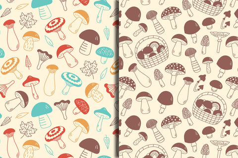 Mushroom Doodle Seamless Patterns EPS JPG PNG Digital Pattern Rin Green 