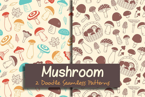 Mushroom Doodle Seamless Patterns EPS JPG PNG Digital Pattern Rin Green 