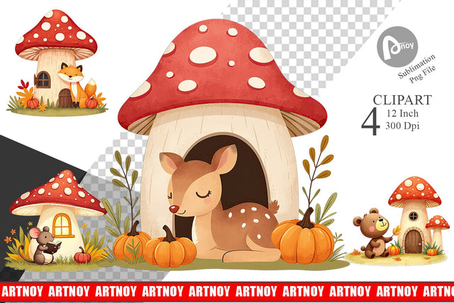 Mushroom Forest Friends Clipart Sublimation artnoy 