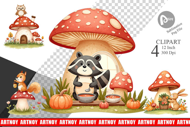 Mushroom Forest Friends Clipart Sublimation artnoy 