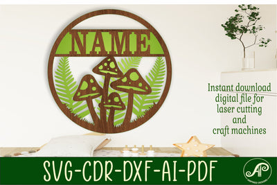 Mushroom forest layered name sign svg laser SVG APInspireddesigns 