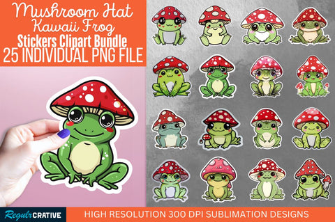 Mushroom Hat Kawaii Frog Sticker Clipart Bundle Sublimation Regulrcrative 