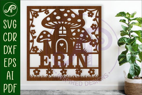 Mushroom house name sign design for laser cutting or cards SVG APInspireddesigns 