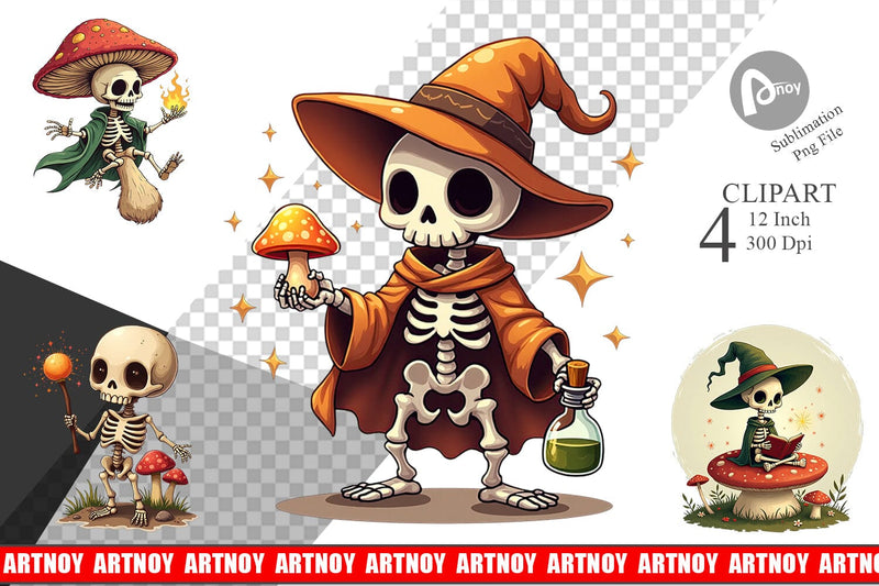 Mushroom Mage Skeletons Clipart Sublimation artnoy 
