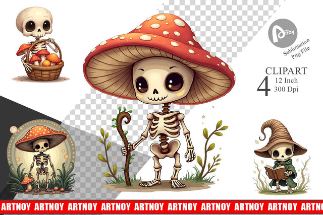 Mushroom Mage Skeletons Clipart Sublimation artnoy 