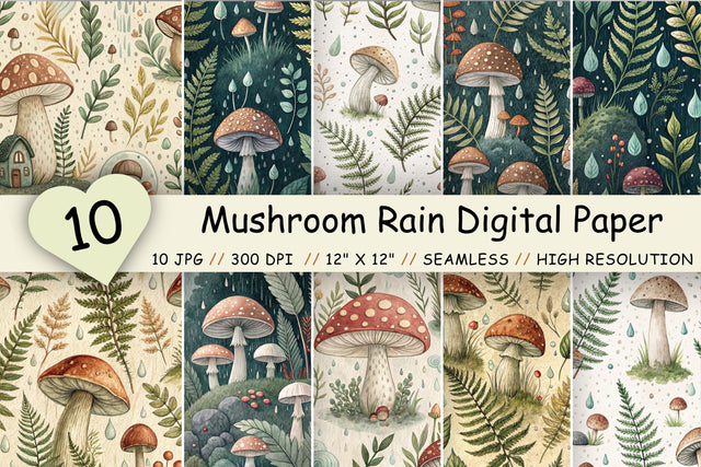 Mushroom Rain Digital Paper Pack, Seamless Watercolor Pattern Bundle, Printable Scrapbook Paper, Misty Forest Design Collection Digital Pattern FloridPrintables 