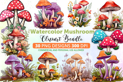 Mushrooms Watercolor Clipart Bundle Sublimation Regulrcrative 
