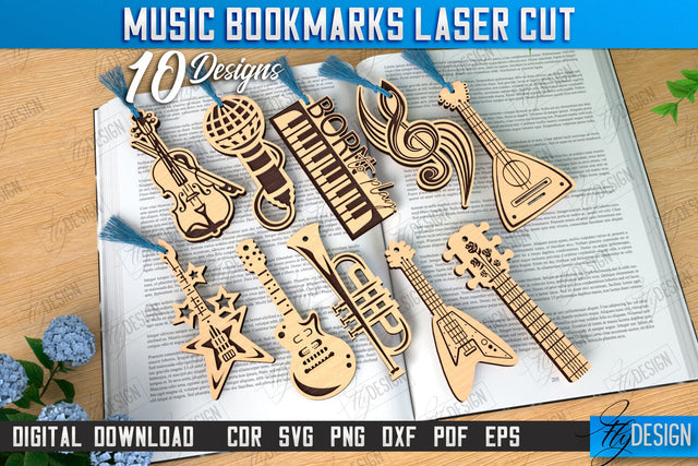 Music Bookmarks Laser Cut Bundle | Laser-Engraved Bookmark | Book Lover | Book Marker | Page Holder | CNC Files SVG Fly Design 