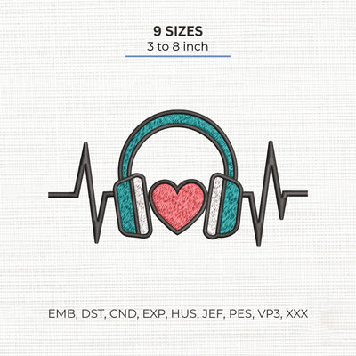 Music Heartbeat Embroidery Design – Headphones Heart ECG Music Lover Machine Embroidery File, 9 Sizes Embroidery/Applique DESIGNS PatternFeed8 