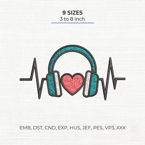 Music Heartbeat Embroidery Design – Headphones Heart ECG Music Lover Machine Embroidery File, 9 Sizes Embroidery/Applique DESIGNS PatternFeed8 