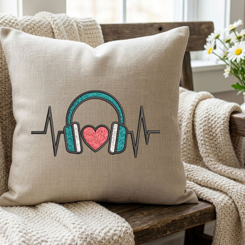 Music Heartbeat Embroidery Design – Headphones Heart ECG Music Lover Machine Embroidery File, 9 Sizes Embroidery/Applique DESIGNS PatternFeed8 
