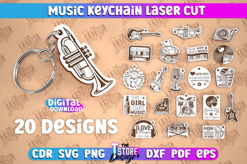Music Keychain Laser Cut Bundle | Keychain Inscriptions | Gift for Musician | CNC File SVG The T Store Design 
