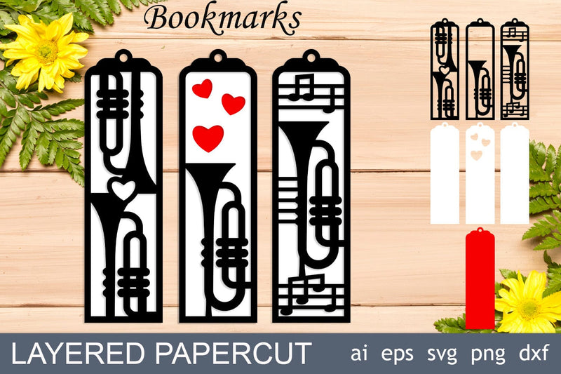 Music layered bookmarks svg, Papercut bookmark with trumpet SVG AnastasiyaArtDesign 