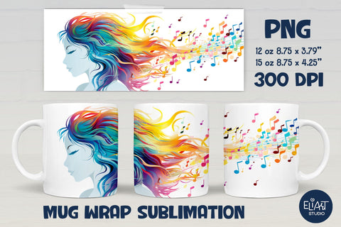 Music Mug Sublimation, Girl with Music Notes Coffee Mug Design, Music Mug Wrap. Sublimation Elinorka 