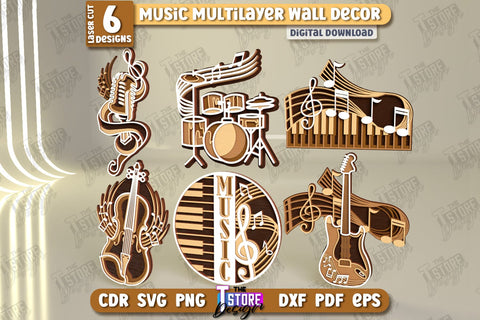 Music Multilayer Wall Décor Laser Cut Bundle | Line Art Design | Home Interior | Silhouette Wall Art | CNC Files SVG The T Store Design 