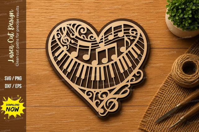 Music Notes Heart Piano SVG | Romantic Musical Laser Cut File | Glowforge CNC DXF PNG EPS SVG Regulrcrative 