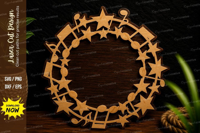 Music Notes Star Wreath Frame Laser Cut SVG File SVG Regulrcrative 