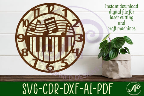 Music piano wall clock laser cut files, SVG file. SVG APInspireddesigns 