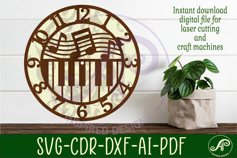 Music piano wall clock laser cut files, SVG file. SVG APInspireddesigns 