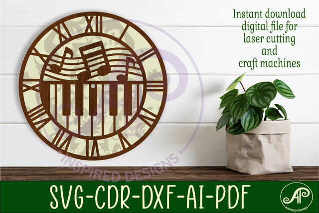 Music piano wall clock laser cut files, SVG file. SVG APInspireddesigns 