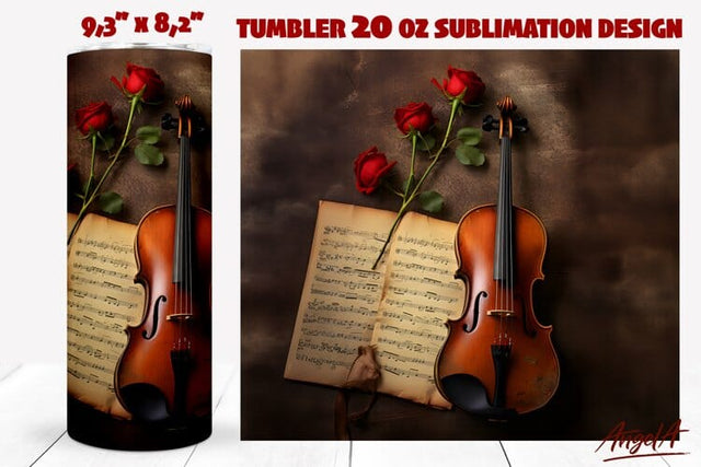 Music tumbler wrap / music notes, violin, rose flowers Sublimation Angelina Semenova 