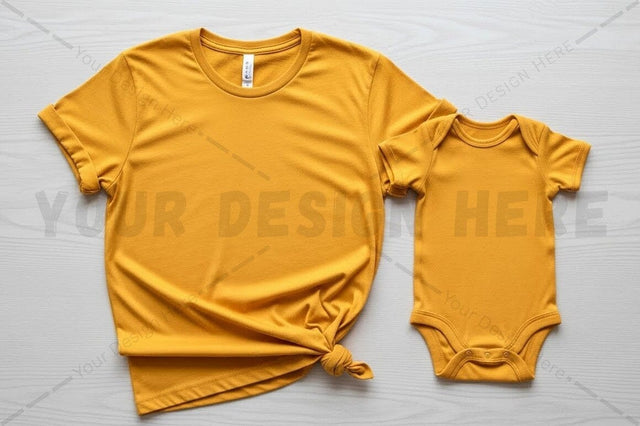 Mustard yellow t-shirt and onesie set Mock Up Photo Regulrcrative 