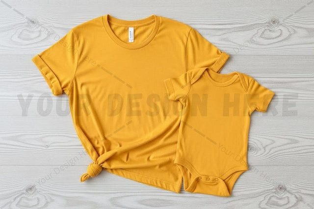 Mustard yellow t-shirt mockup for adult and baby Mock Up Photo Regulrcrative 