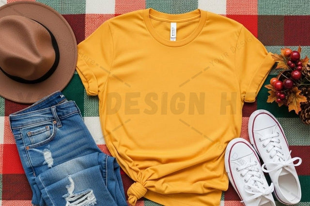 Mustard yellow t-shirt with casual outfit Mock Up Photo Designangry 