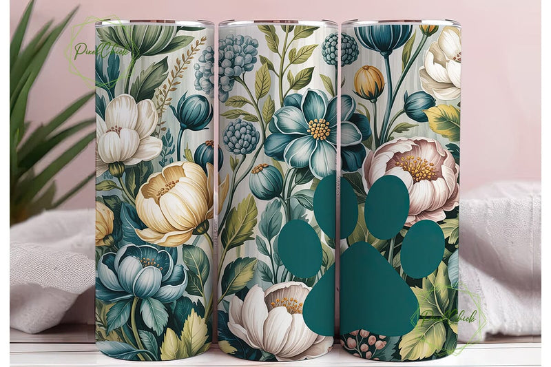 Muted Floral Paw Print 20oz Tumbler Wrap Sublimation PixelChick 