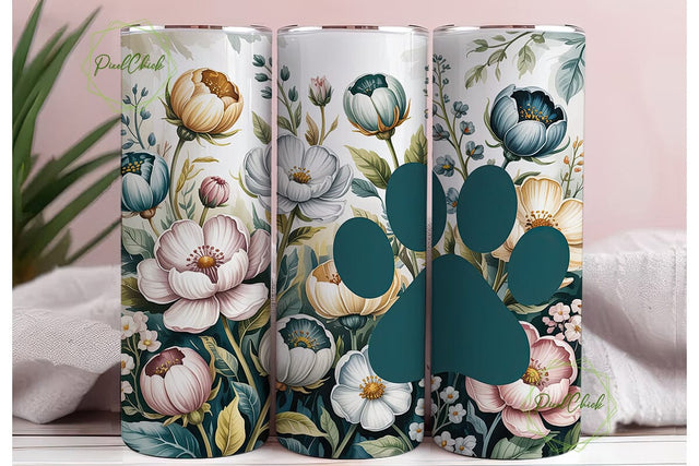 Muted Floral Paw Print 20oz Tumbler Wrap Sublimation PixelChick 