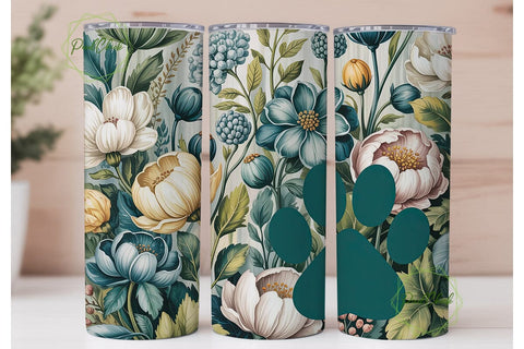 Muted Floral Paw Print 20oz Tumbler Wrap Sublimation PixelChick 