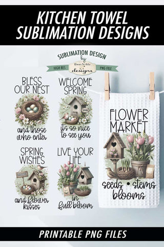 Muted Spring Flowers and Bird Houses | Kitchen Towel Sublimation Designs Sublimation Ewe-N-Me Designs 