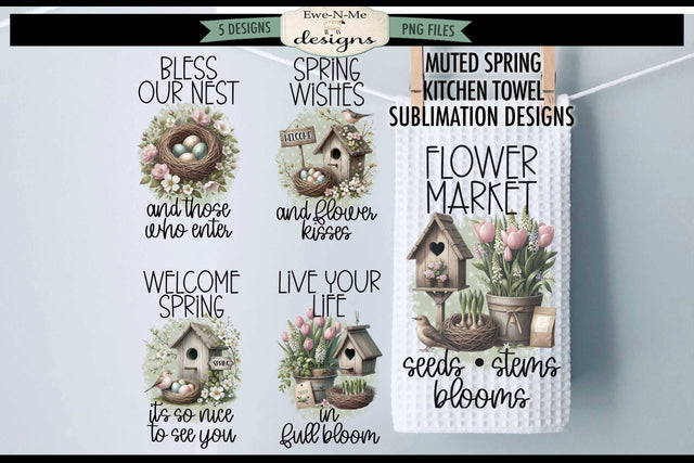 Muted Spring Flowers and Bird Houses | Kitchen Towel Sublimation Designs Sublimation Ewe-N-Me Designs 