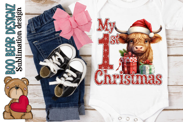 My 1st Christmas, highland cow Sublimation Sublimation Boo Bear Designz 
