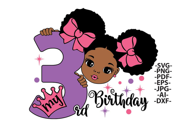 My 3rd Birthday Girl SVG PNG JPG PDF EPS DXF AI Digital Afro Girl Clipart with Glitter Bows Crown for Cricut Sublimation Designs SVG 1uniqueminute 