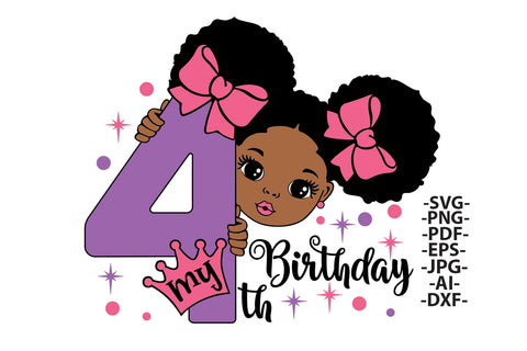 My 4th Birthday Girl SVG PNG JPG PDF EPS DXF AI Digital Afro Girl Clipart with Purple Glitter Number Crown and Pink Bow SVG 1uniqueminute 