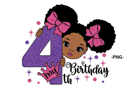 My 4th Birthday Girl SVG PNG JPG PDF EPS DXF AI Digital Afro Girl Clipart with Purple Glitter Number Crown and Pink Bow SVG 1uniqueminute 