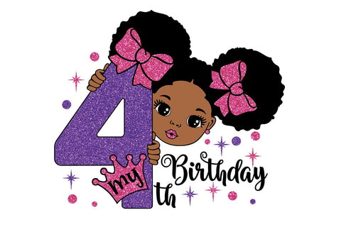 My 4th Birthday Girl SVG PNG JPG PDF EPS DXF AI Digital Afro Girl Clipart with Purple Glitter Number Crown and Pink Bow SVG 1uniqueminute 