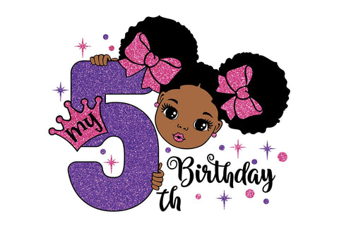 My 5th Birthday Girl Afro Princess SVG PNG JPG PDF DXF EPS AI Glitter Pink Bows Purple Crown Design for Cricut Birthday Shirt Gift SVG 1uniqueminute 