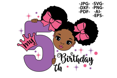 My 5th Birthday Girl Afro Princess SVG PNG JPG PDF DXF EPS AI Glitter Pink Bows Purple Crown Design for Cricut Birthday Shirt Gift SVG 1uniqueminute 