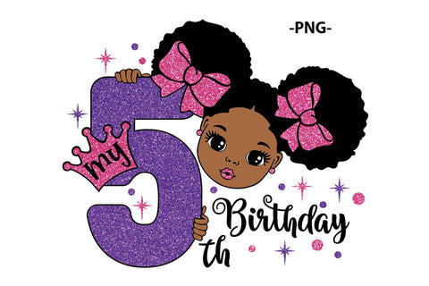 My 5th Birthday Girl Afro Princess SVG PNG JPG PDF DXF EPS AI Glitter Pink Bows Purple Crown Design for Cricut Birthday Shirt Gift SVG 1uniqueminute 