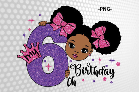 My 6th Birthday Girl Afro Princess Clipart Pink Glitter Bows Purple Crown SVG PNG JPG PDF AI EPS DXF Digital Download Design SVG 1uniqueminute 