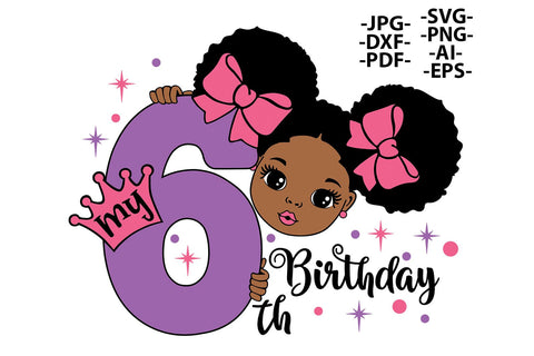 My 6th Birthday Girl Afro Princess Clipart Pink Glitter Bows Purple Crown SVG PNG JPG PDF AI EPS DXF Digital Download Design SVG 1uniqueminute 