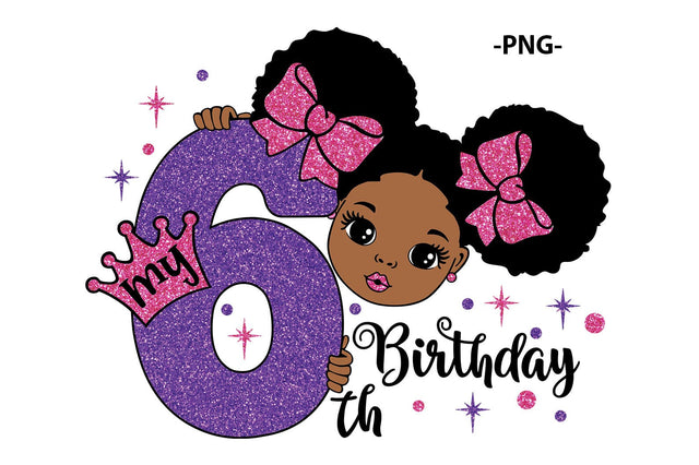 My 6th Birthday Girl Afro Princess Clipart Pink Glitter Bows Purple Crown SVG PNG JPG PDF AI EPS DXF Digital Download Design SVG 1uniqueminute 