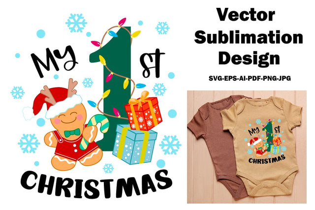 My First Christmas. Baby First Christmas T-Shirt Design. Gingerbread Man with Santa Claus hat with gifts Sublimation Yuliya 