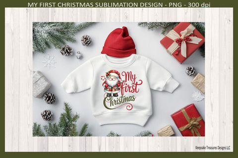 My First Christmas Sublimation Png, Christmas Patchwork Santa, Holiday Baby One Piece Sublimation Keepsake Treasures Designs LLC. 